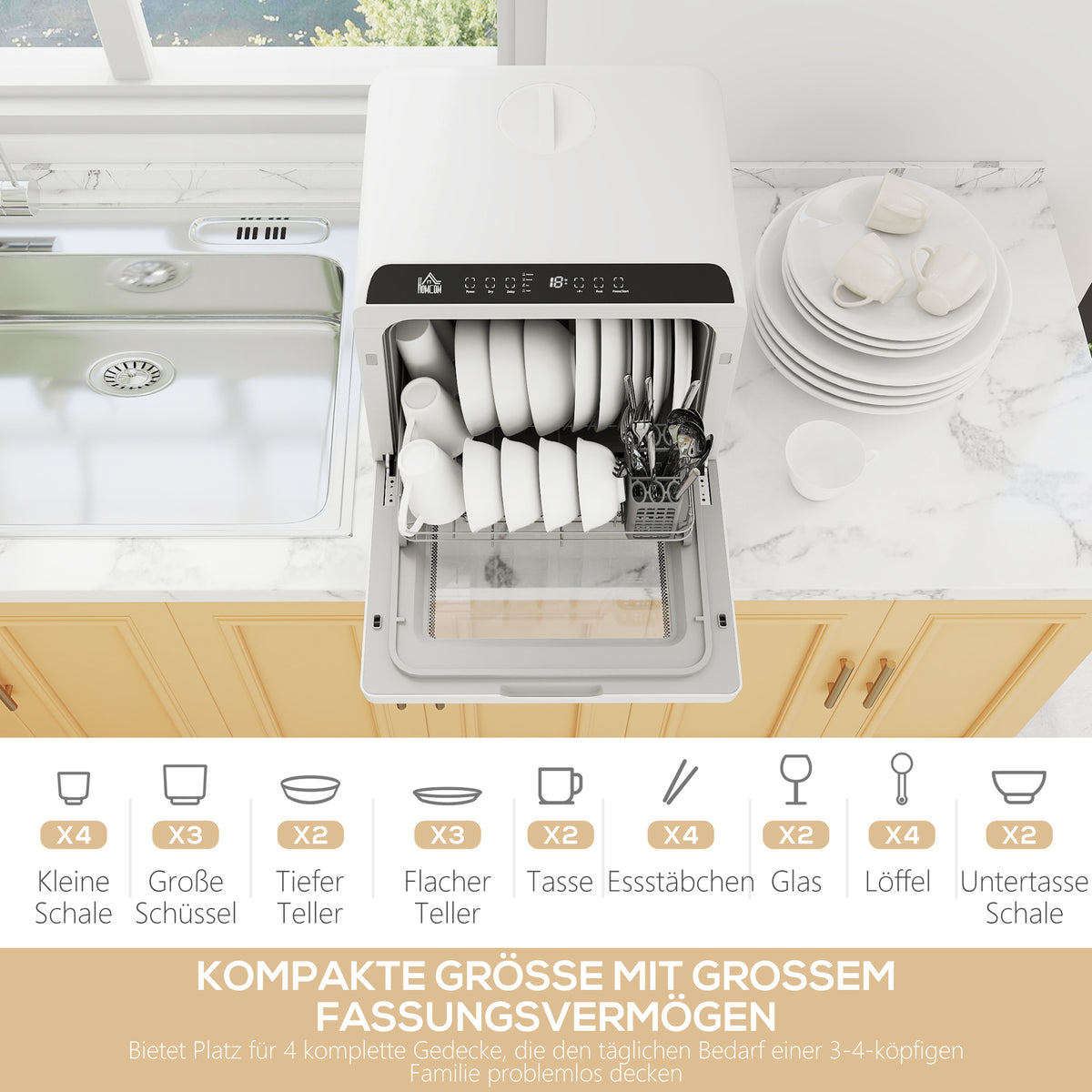 HOMCOM Tischgeschirrspüler, Mini-Geschirrspüler mit 6-Liter-Tank, 5 Programme, LED-Anzeige, Trocknungsfunktion, Weiß
