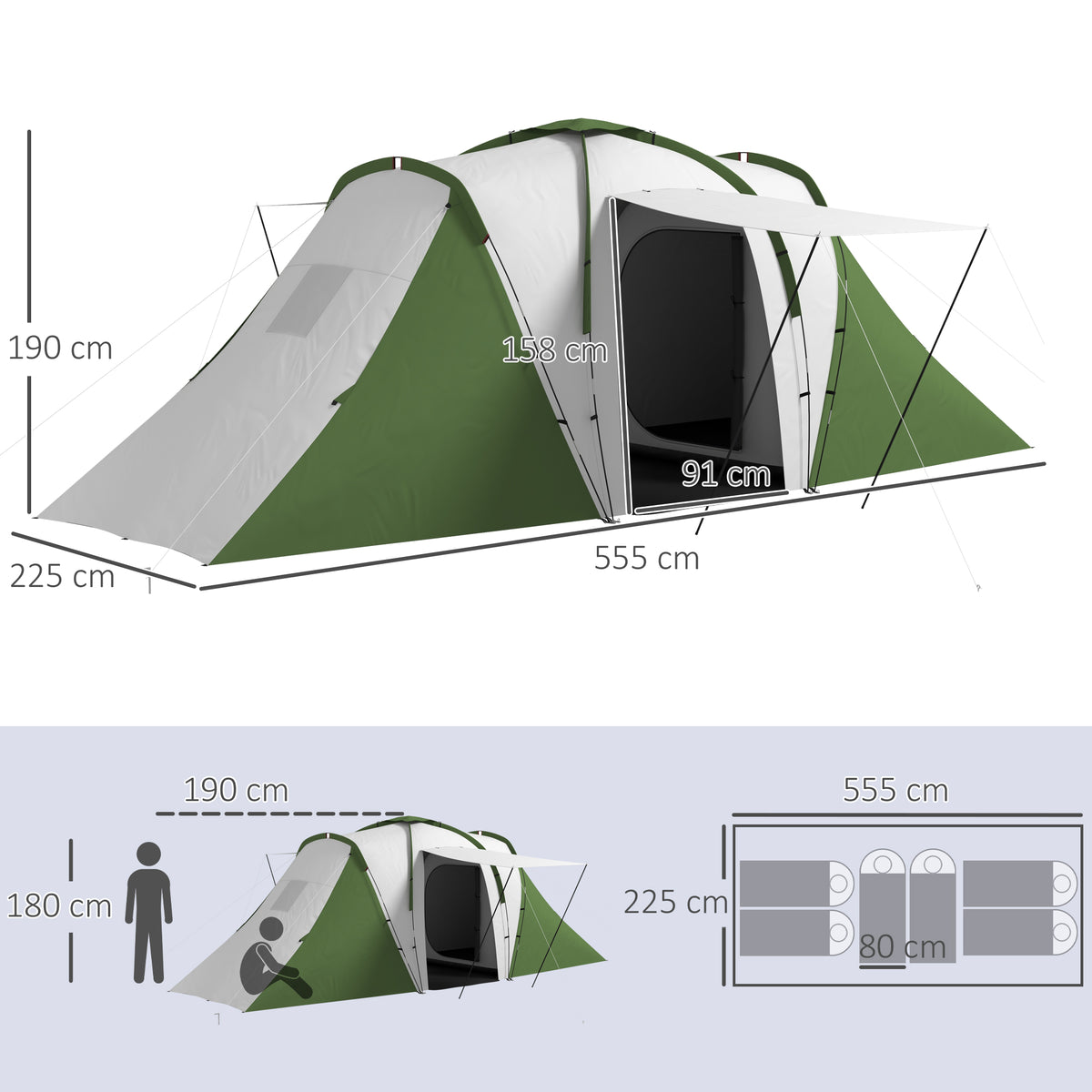 Outsunny Familien-Campingzelt 4-6 Pers. wasserdicht leicht einfach aufzubauen 2 große Türen Maße 5,55L x 2,25B x 1,9H m
