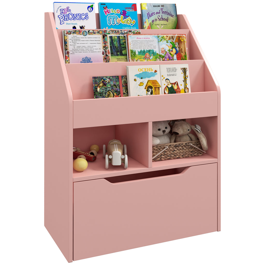 HOMCOM Bücherregal mit Mehrfach-Aufbewahrung 3 Regale 2 Fächer Große Schublade aus Holz Rosa