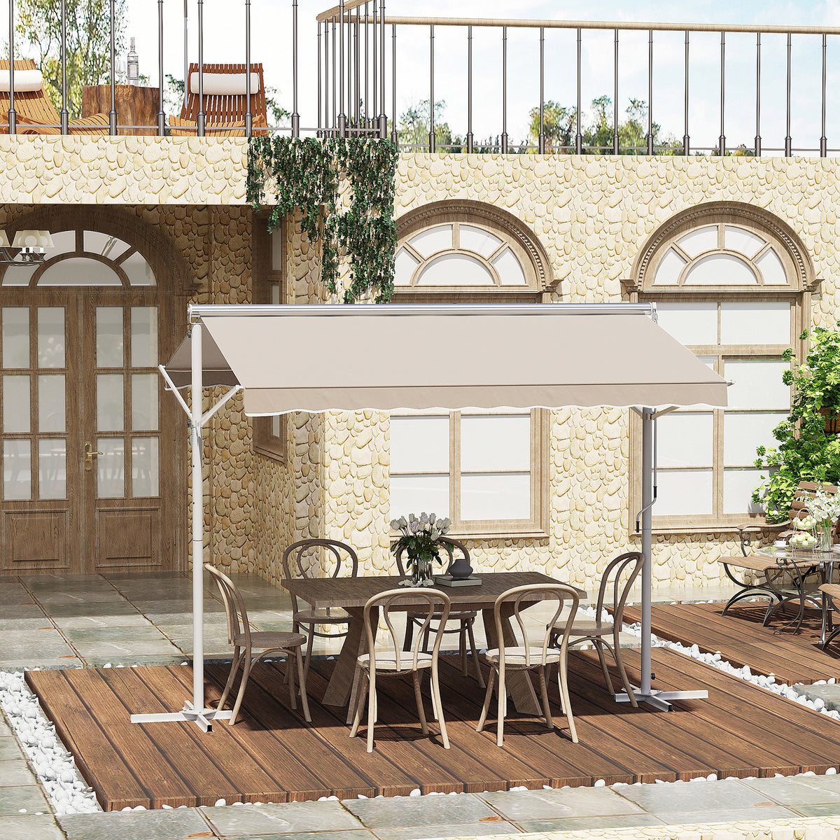 Outsunny Standmarkise Gartenmarkise Markise mit Faltarm Kurbel Terrasse Creme 3x3m