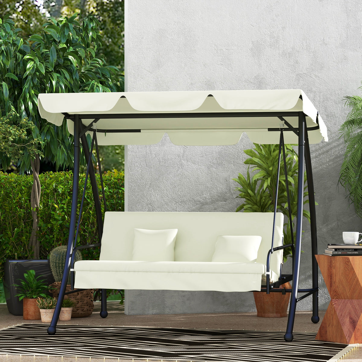 Outsunny Hollywoodschaukel, Schaukelbank mit Liege-Funktion, 3 Sitzer, Metall+Polyester, 200 x 125 x 170 cm, Weiß