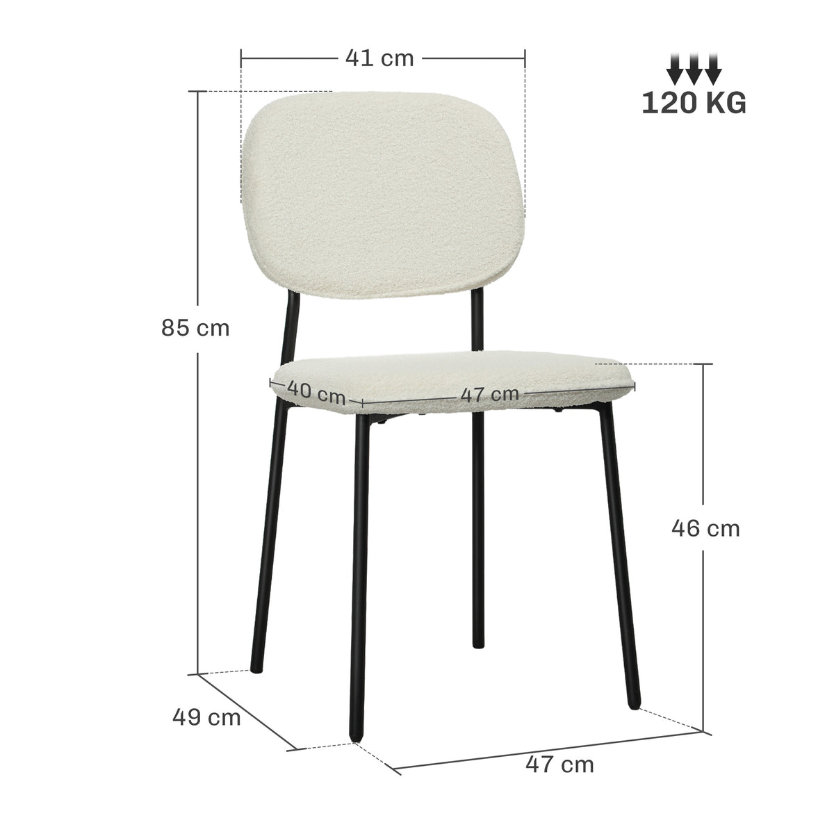HOMCOM 4er-Set Esszimmerstühle, weicher Stoffbezug, Stahlbeine, armloses Design, Weiß