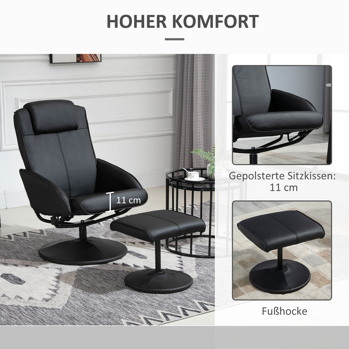 HOMCOM Relaxsessel mit Fußhocker, Kunstleder-Bezug, neigbar, ergonomisches Design, Schwarz