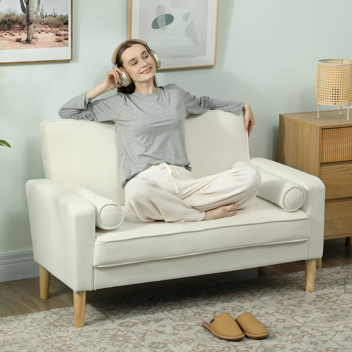 HOMCOM 2-Sitzer-Sofa, Doppelsitzsofa mit Kautschukholzbeinen, Polstersofa für Wohnzimmer, Schlafzimmer, Cremeweiß