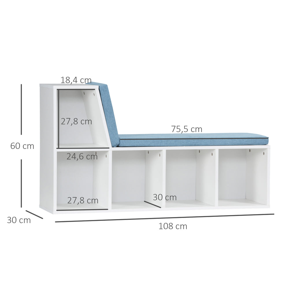 HOMCOM Bibliotheksbank 2 in 1 mit 5 Aufbewahrungsfächern und 2 Polstern 108 x 30 x 60 cm Weiß Blau