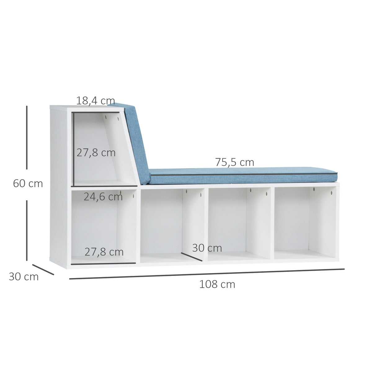 HOMCOM Bibliotheksbank 2 in 1 mit 5 Aufbewahrungsfächern und 2 Polstern 108 x 30 x 60 cm Weiß Blau