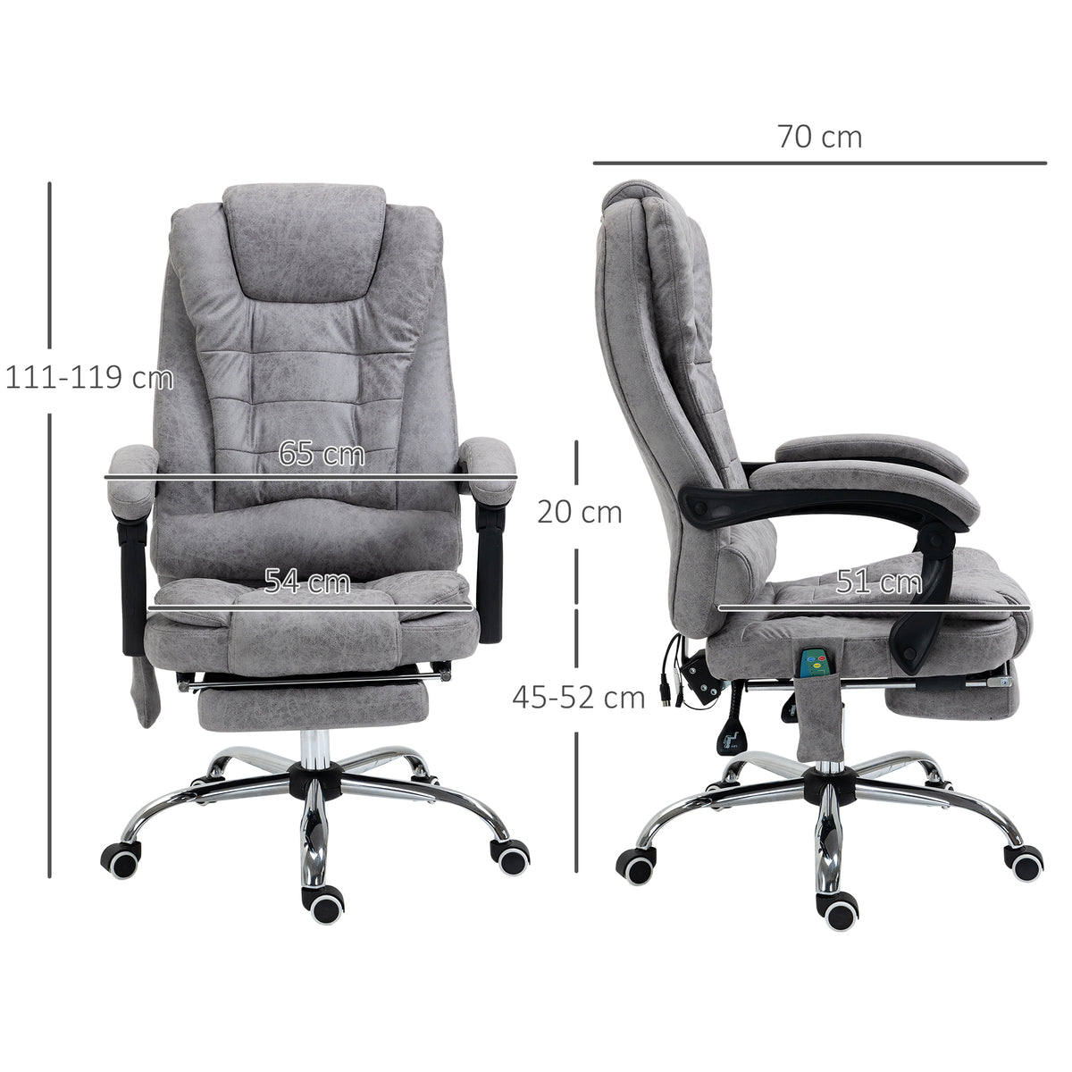 Vinsetto Bürostuhl mit Massagefunktion, Ergonomischer Schreibtischstuhl mit Liege- & Wärmefunktion, Fernbedienung, Grau