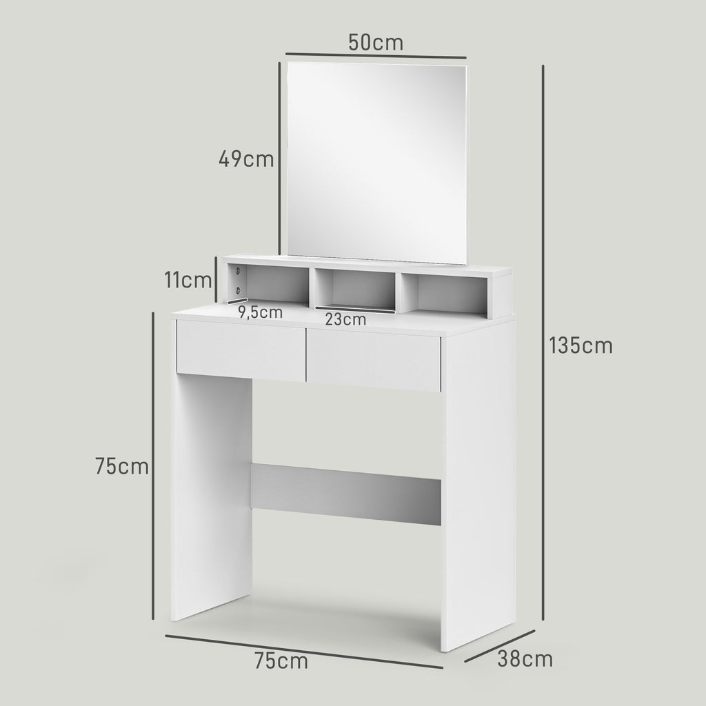 HOMCOM Schminktisch mit Spiegel, Schminktisch mit 2 Schubladen und 3 Fächern, moderner Stil, 75 x 38 x 135 cm, weiß