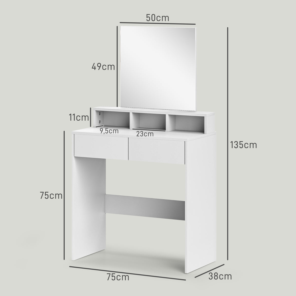 HOMCOM Schminktisch mit Spiegel, Schminktisch mit 2 Schubladen und 3 Fächern, moderner Stil, 75 x 38 x 135 cm, weiß