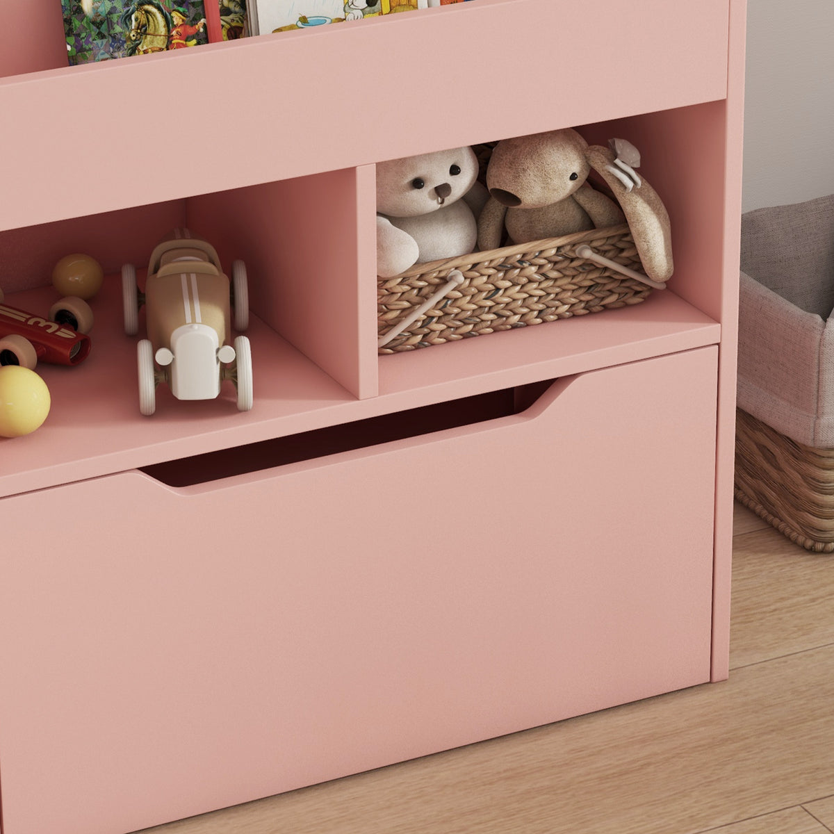 HOMCOM Bücherregal mit Mehrfach-Aufbewahrung 3 Regale 2 Fächer Große Schublade aus Holz Rosa