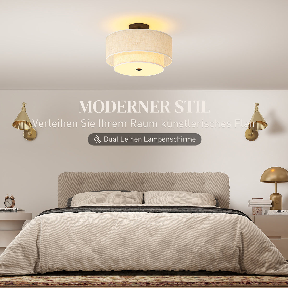 HOMCOM Deckenlampe, Hängeleuchte mit doppelten Schirmen in Leinenoptik, Cremeweiß