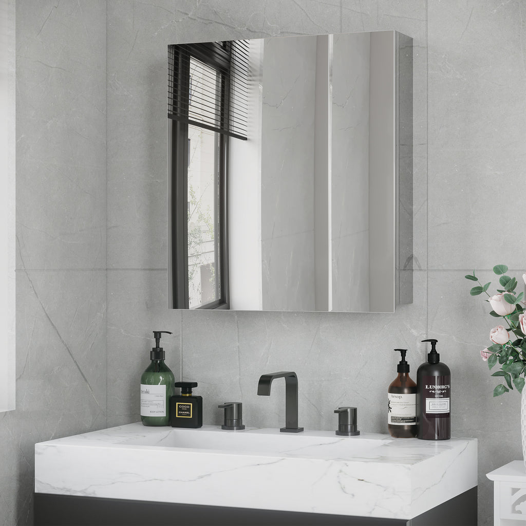 kleankin Spiegelschrank, Badschrank, 2 Spiegeltüren, 3 Innenböden, Edelstahl, Farbe: Silber, 54 x 13 x 60 cm