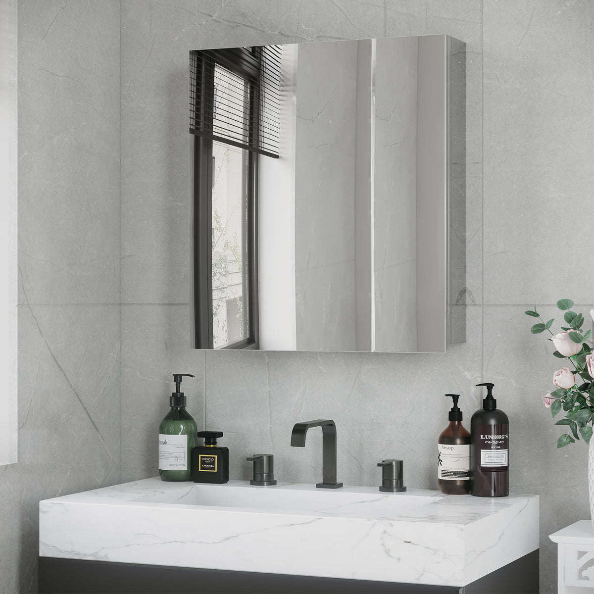 kleankin Spiegelschrank, Badschrank, 2 Spiegeltüren, 3 Innenböden, Edelstahl, Farbe: Silber, 54 x 13 x 60 cm