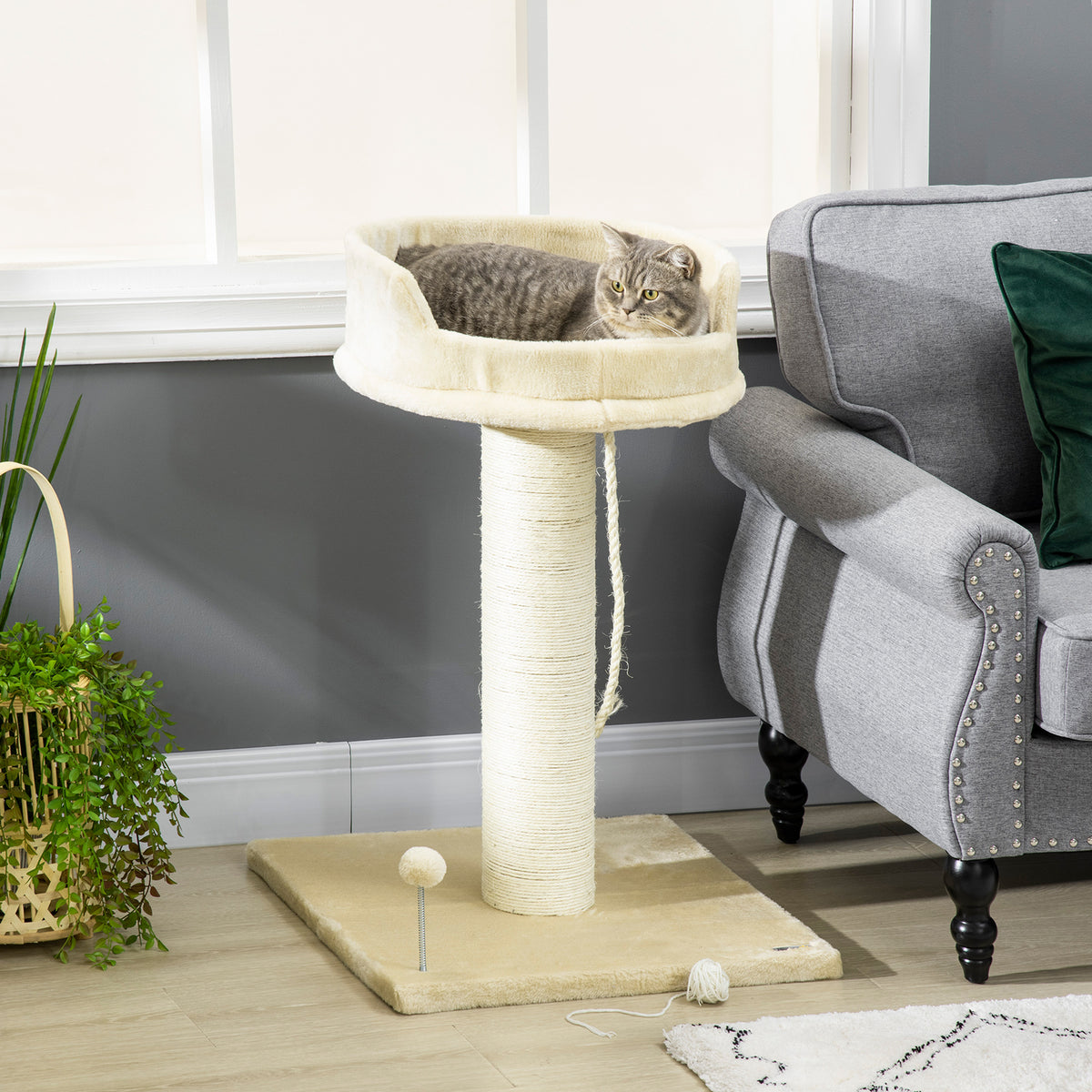 PawHut Kratzbaum Katzenbaum Katzenbett, 1 Katzenbett, inkl. Katzenspielzeug, 55 cm x 55 cm x 83 cm, Beige