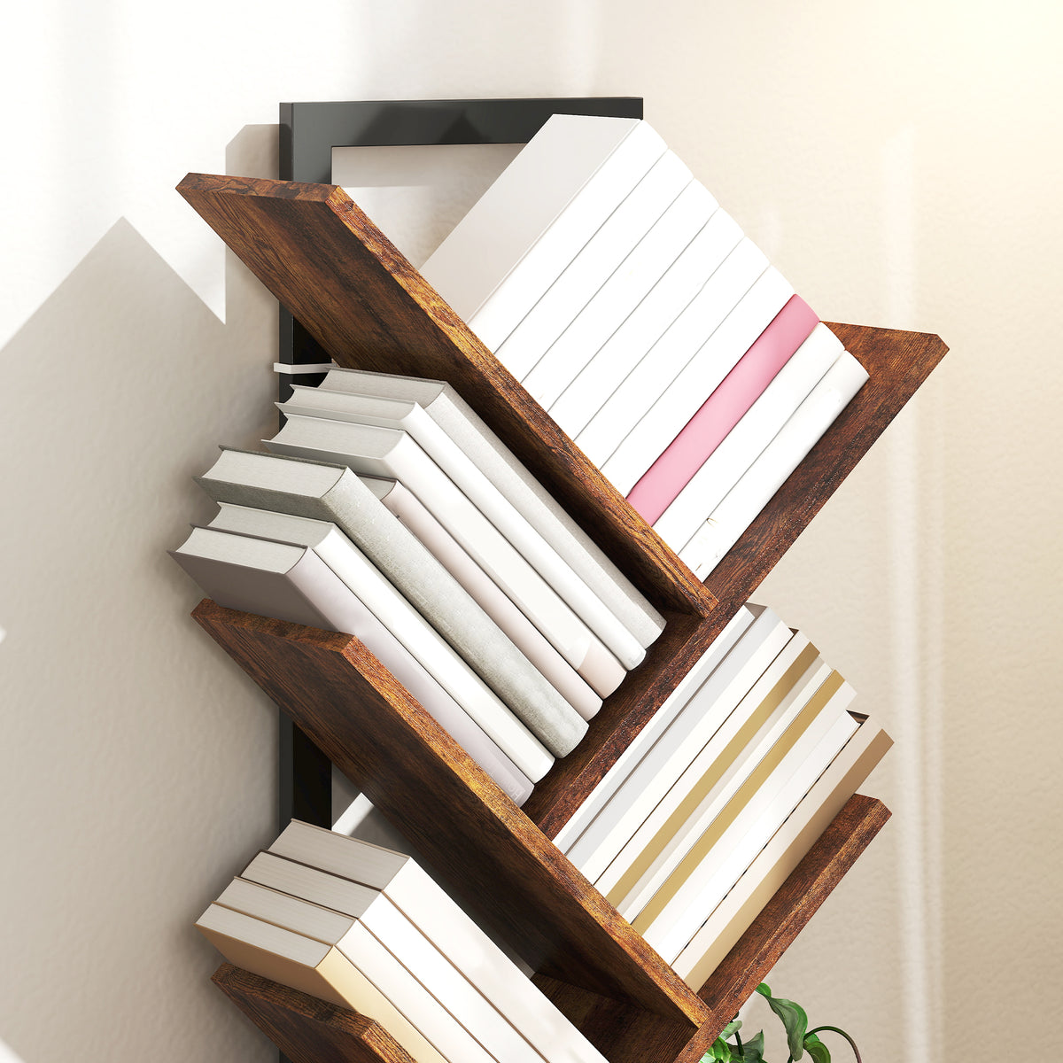 HOMCOM Bücherregal Standregal mit 9 Ebenen Schmal Regal im Baumform für Büro, Rustikal Braun