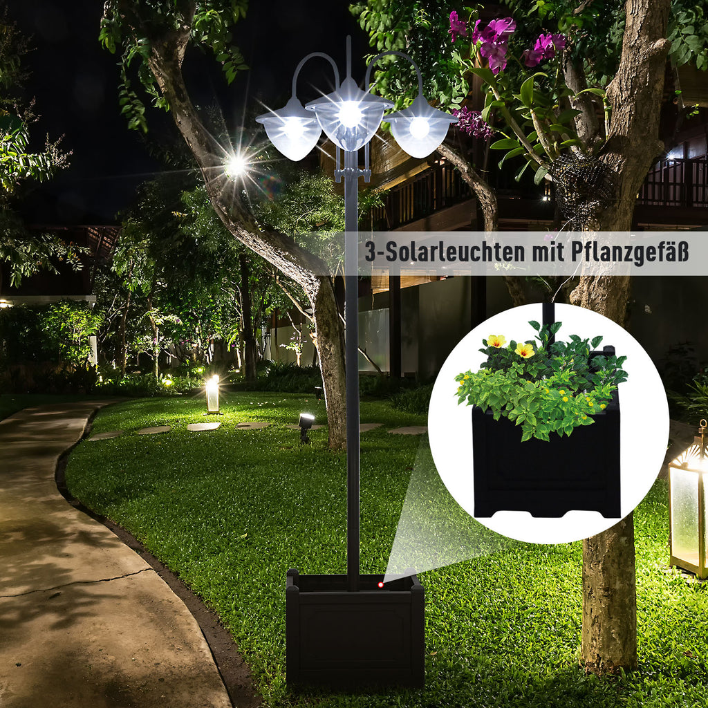 Outsunny Solar Laterne Stehleuchte aus Metall, Gartenlaterne mit Lichtsteuerung, 189 cm hoch, Windlicht Außenleuchte, Wasserdicht IP44 mit Blumentopf-Basis für Garten Balkon Deko Schwarz