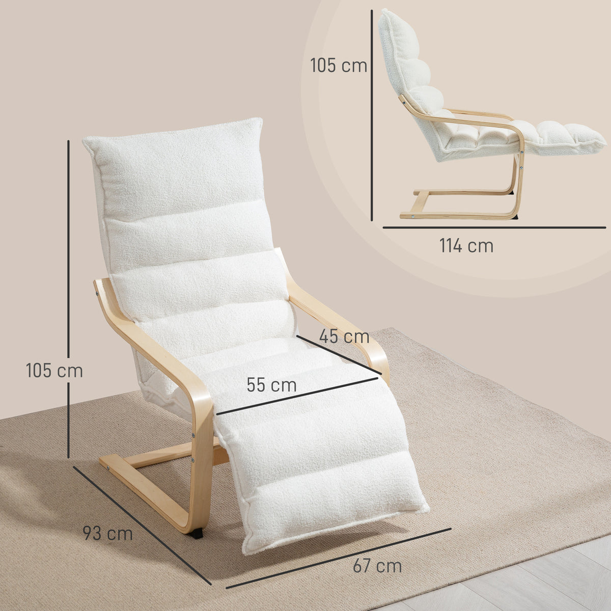 HOMCOM Lounge-Sessel aus Birkenholz, Polstersessel, verstellbare Fußstütze, Weiß