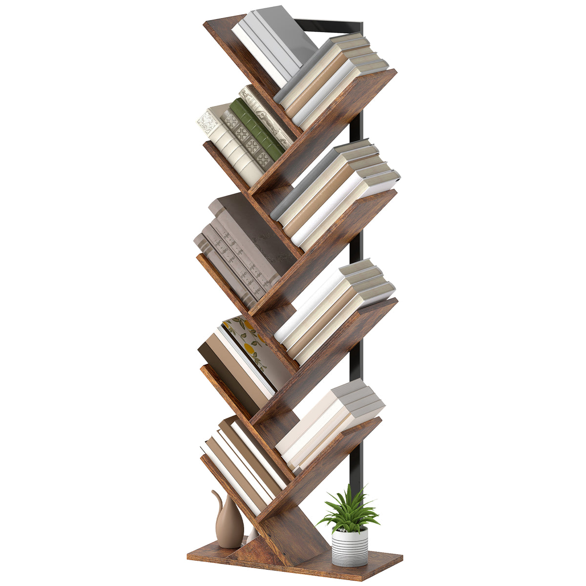 HOMCOM Bücherregal Standregal mit 9 Ebenen Schmal Regal im Baumform für Büro, Rustikal Braun