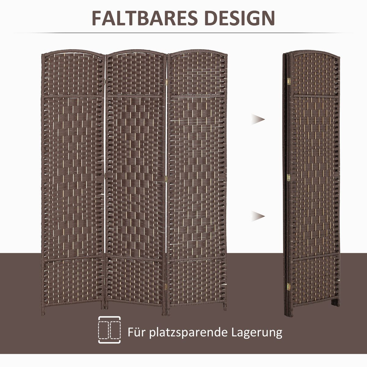 HOMCOM Raumteiler, 3-teilig faltbare Trennwand, Geflechtmuster, Kiefernholz, Braun