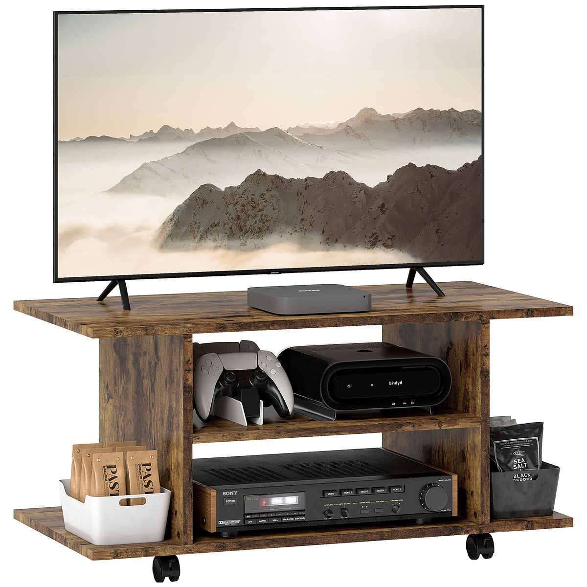 HOMCOM Modernes TV-Möbel mit Regalen, Rollen und Bremsen, 80x40x40 cm, Rustikales Braun