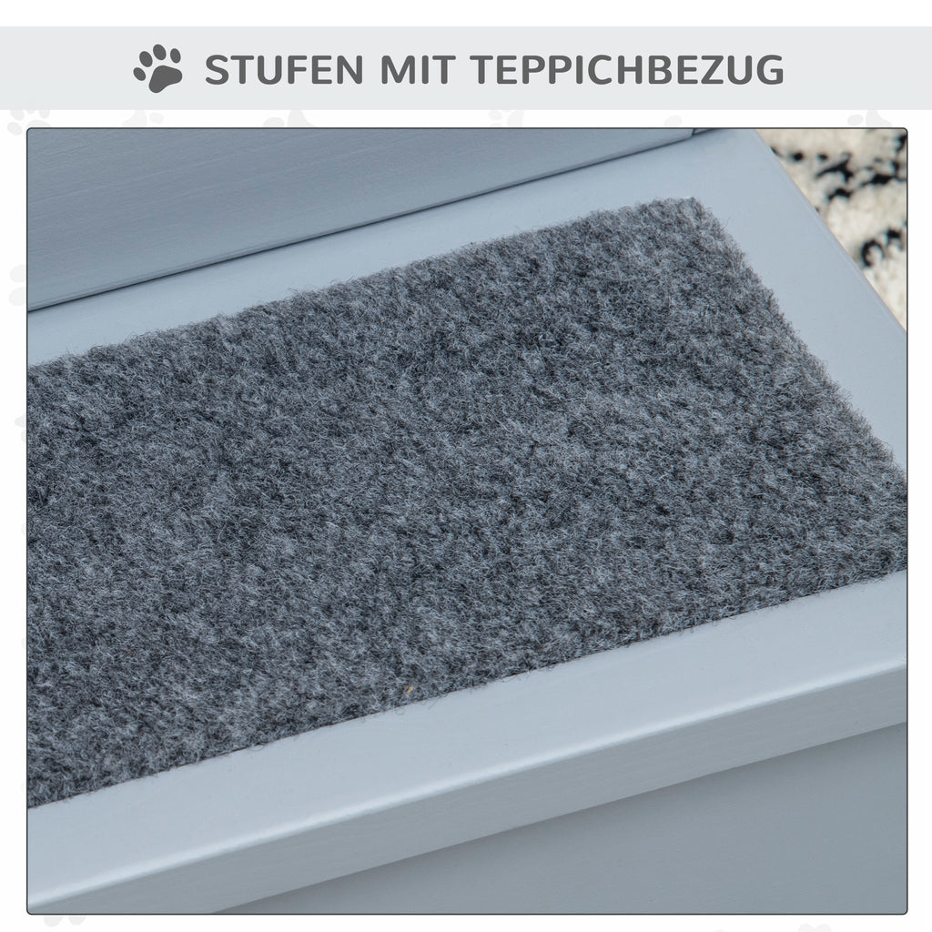 PawHut Hundetreppe 3 Stufen Katzentreppe Haustiertreppe Hundetreppe für Hunde und Katzen Tiertreppe Einstiegshilfe mit Teppich Stauraum für Sofa Bett Tannenholz Grau 40,5 x 44,5 x 38 cm