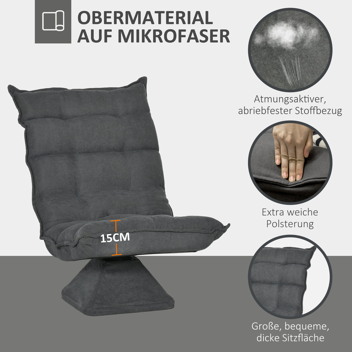 HOMCOM Relaxsessel Lesesessel, drehbar, Leinenoptik, 62 cm x 70 cm x 95 cm, Grau