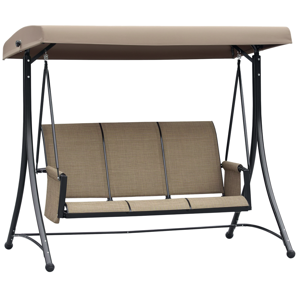 Outsunny 3-Sitzer Hollywoodschaukel, Gartenschaukel mit Sonnendach, Schaukelbank mit Ablage, Aluminium, 196 x 128 x 172 cm, Braun