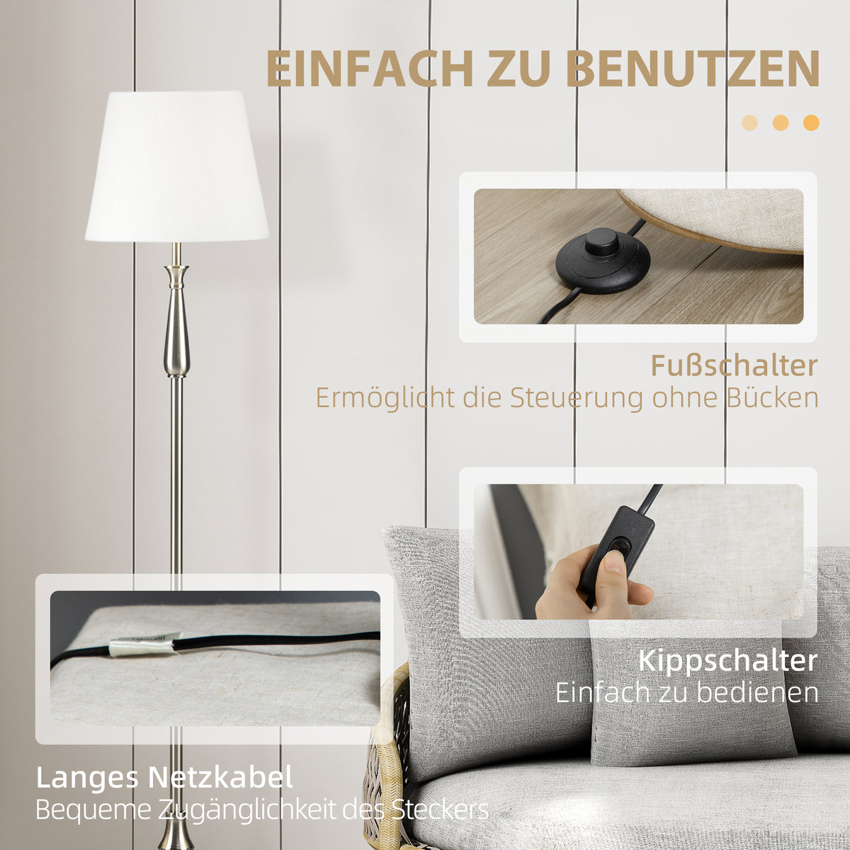 HOMCOM 3-teiliges Lampenset im Vintage-Design, 2 Tischleuchten, 1 Stehleuchte, 35,5 cm x 35,5 cm x 146 cm, Silber + Weiß