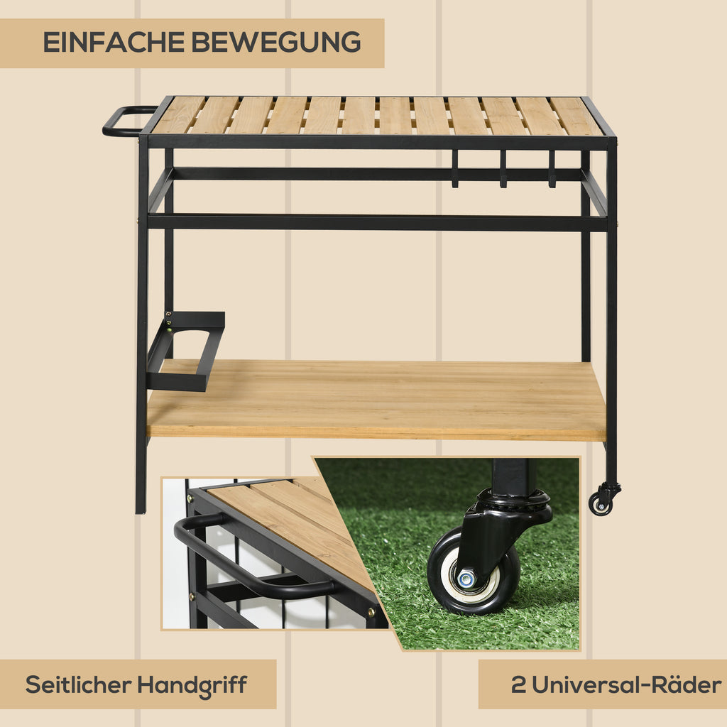 Outsunny Servierwagen im Industrie-Design, wetterbeständig, 3 Haken, 1 Regal,107 cm x 65 cm x 80 cm, Schwarz +Natur