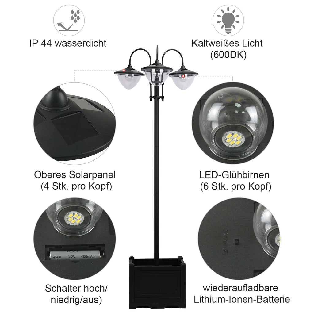 Outsunny Solar Laterne Stehleuchte aus Metall, Gartenlaterne mit Lichtsteuerung, 189 cm hoch, Windlicht Außenleuchte, Wasserdicht IP44 mit Blumentopf-Basis für Garten Balkon Deko Schwarz