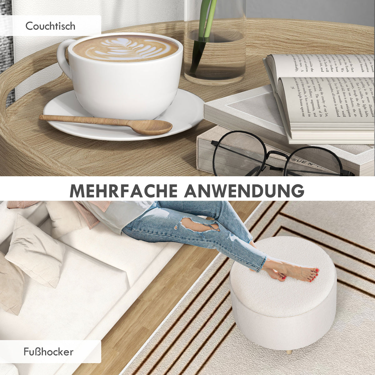 HOMCOM Hocker Polsterhocker, Teddyfleece, versteckter Stauraum, umkehrbarer Deckel, 56 cm x 56 cm x 42 cm, Weiß