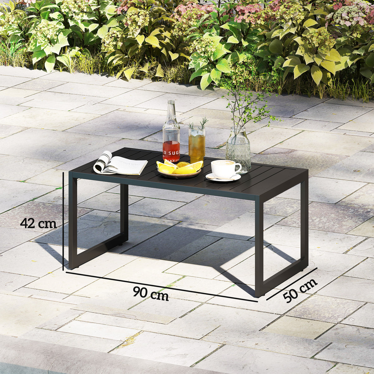 Outsunny Beistelltisch mit Latten-Design Balkontisch aus Aluminium Kaffeetisch wetterfest 90 x 50 x 42 cm Schwarz