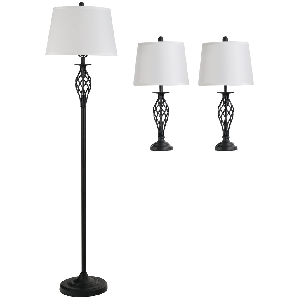 HOMCOM 3er-Lampenset 2 Tischlampe(ø38 x 158H cm) + 1 Stehlampe(ø30 x 62H cm) Metall, PS, Polyester, Baumwolle, Vintage, Schwarz+Weiß