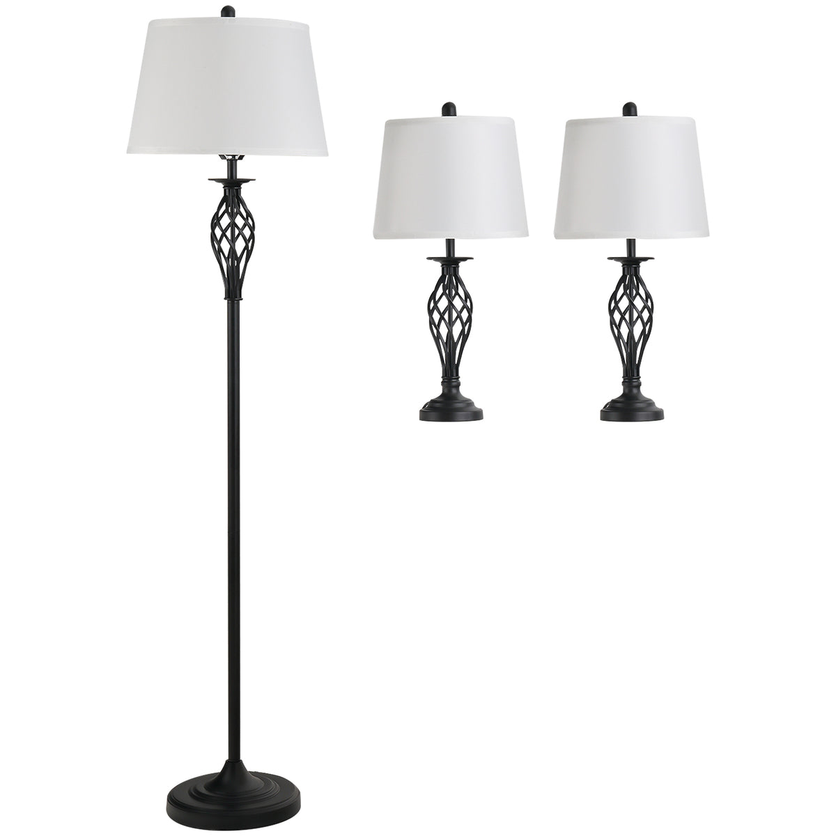 HOMCOM 3er-Lampenset 2 Tischlampe(ø38 x 158H cm) + 1 Stehlampe(ø30 x 62H cm) Metall, PS, Polyester, Baumwolle, Vintage, Schwarz+Weiß