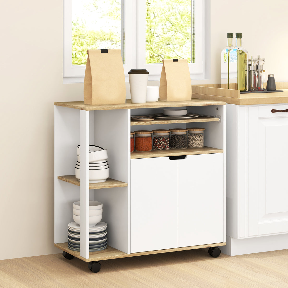 HOMCOM Rollender Küchenwagen mit Stauraum, Schrank, verstellbare Regale, für Küche, Wohnzimmer, Esszimmer, Weiß