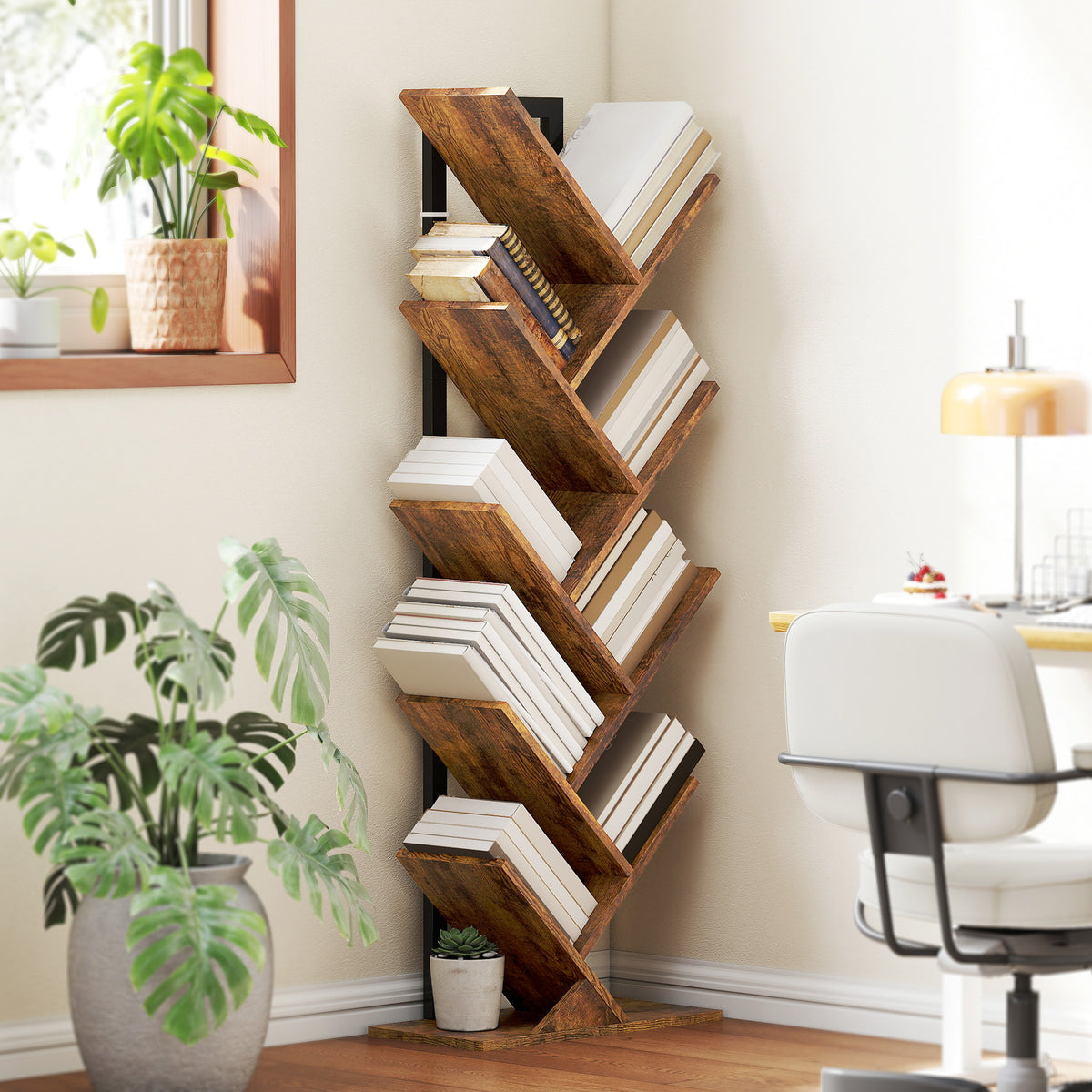 HOMCOM Bücherregal Standregal mit 9 Ebenen Schmal Regal im Baumform für Büro, Rustikal Braun