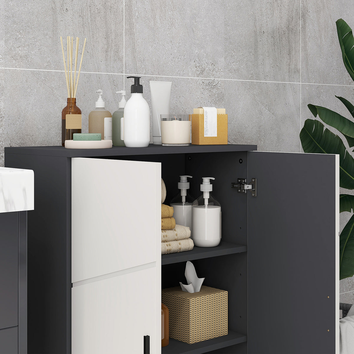 kleankin Badezimmerschrank, Badkommode, verstellbare Regale, bis zu 25 kg belastbar, Grau