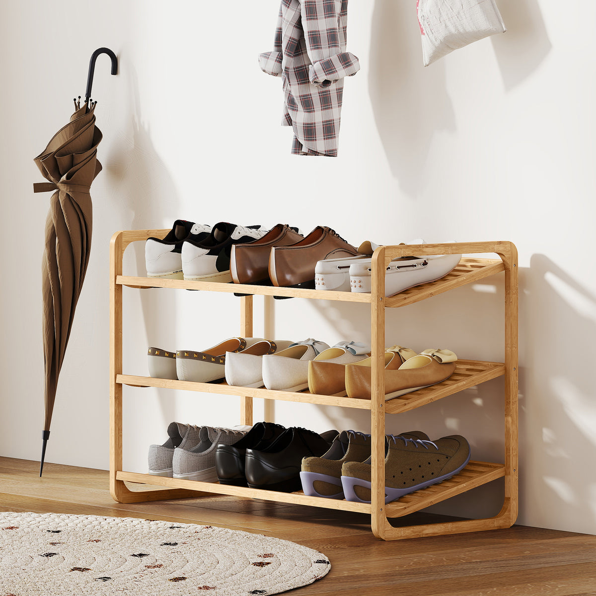 HOMCOM Bambusregal, Schuhregal, Flurregal, 3-stufiges Design, 30 kg Belastbarkeit, Holz