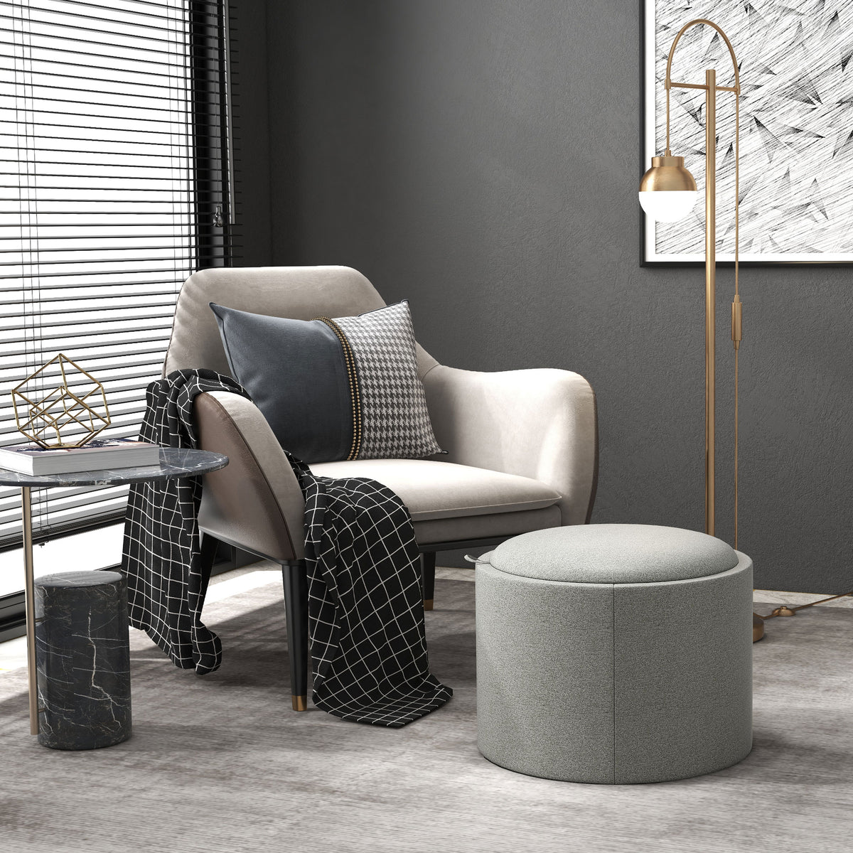 HOMCOM Hocker Polsterhocker, Leinen, versteckter Stauraum, umkehrbarer Deckel, 5 6cm x 56 cm x 42 cm, Grau + Natur