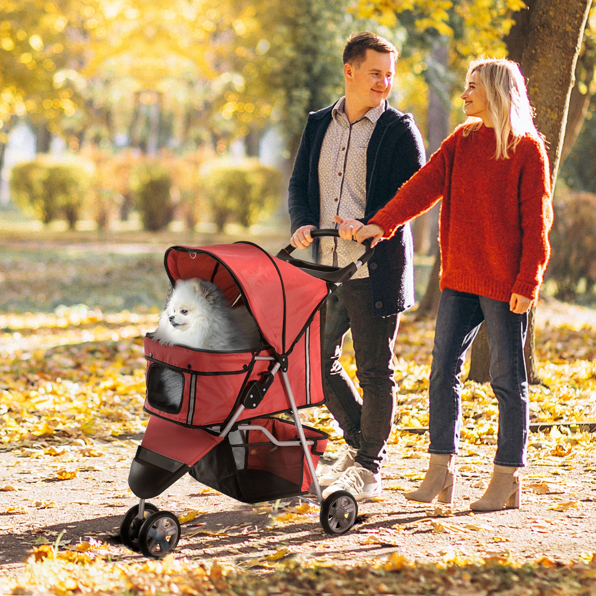PawHut Hundewagen Hundebuggy bis 10 kg Klappbar Bodenkorb 2 Becherhalter verstellbares Vordach Rot