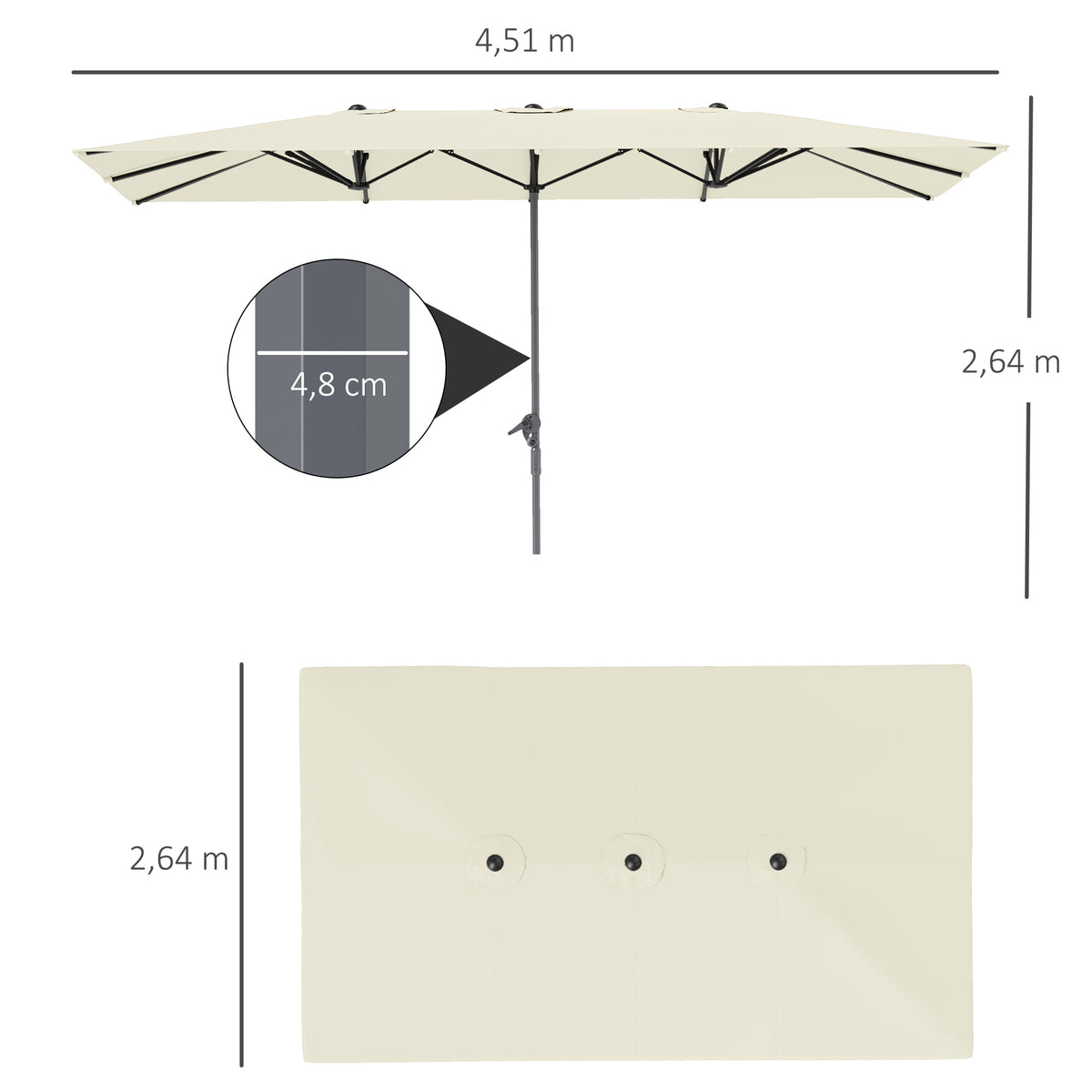 Outsunny Doppelseitiger Schirm, 451 x 264 cm Sonnenschirm mit Kurbelsystem, 12 Metallstreben, Aluminiummast, Cremeweiß