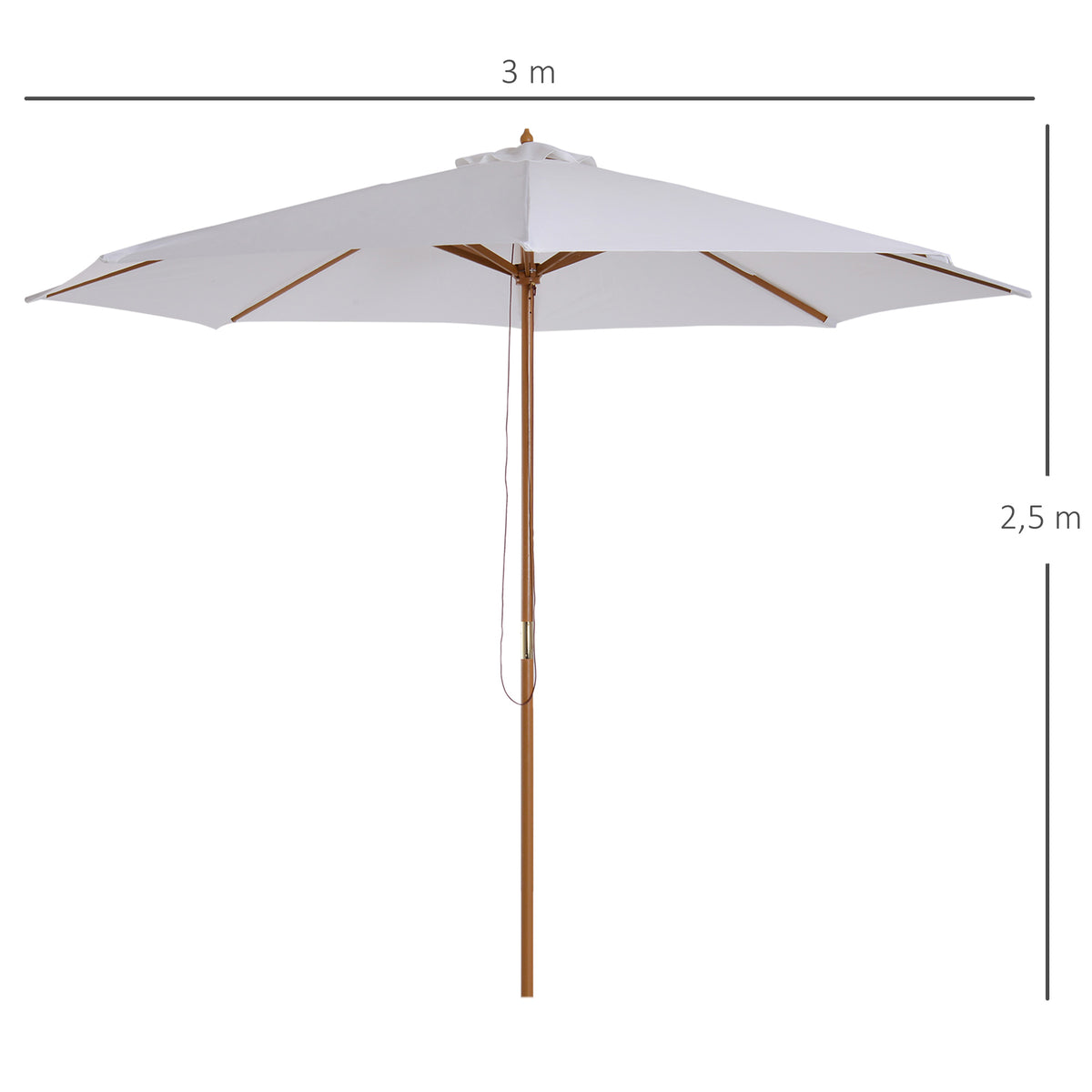 Outsunny Sonnenschirm Ø 300 cm, Sonnenschirm mit UV Schutz Balkonschirm aus Holz Strandschirm stabil Marktschirm Sonnenschutz für Strand Terrasse Garten, Weiß