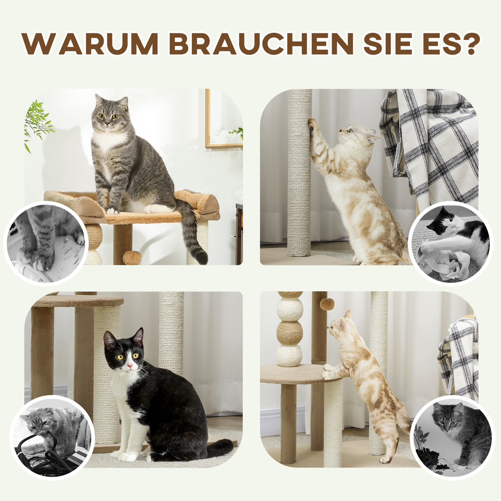 PawHut Kratzbaum mit 2 Etagen, Spielball, Kratzstämmen, Kratzkugeln, bis 7 kg, 56 x 54 x 86 cm, Braun
