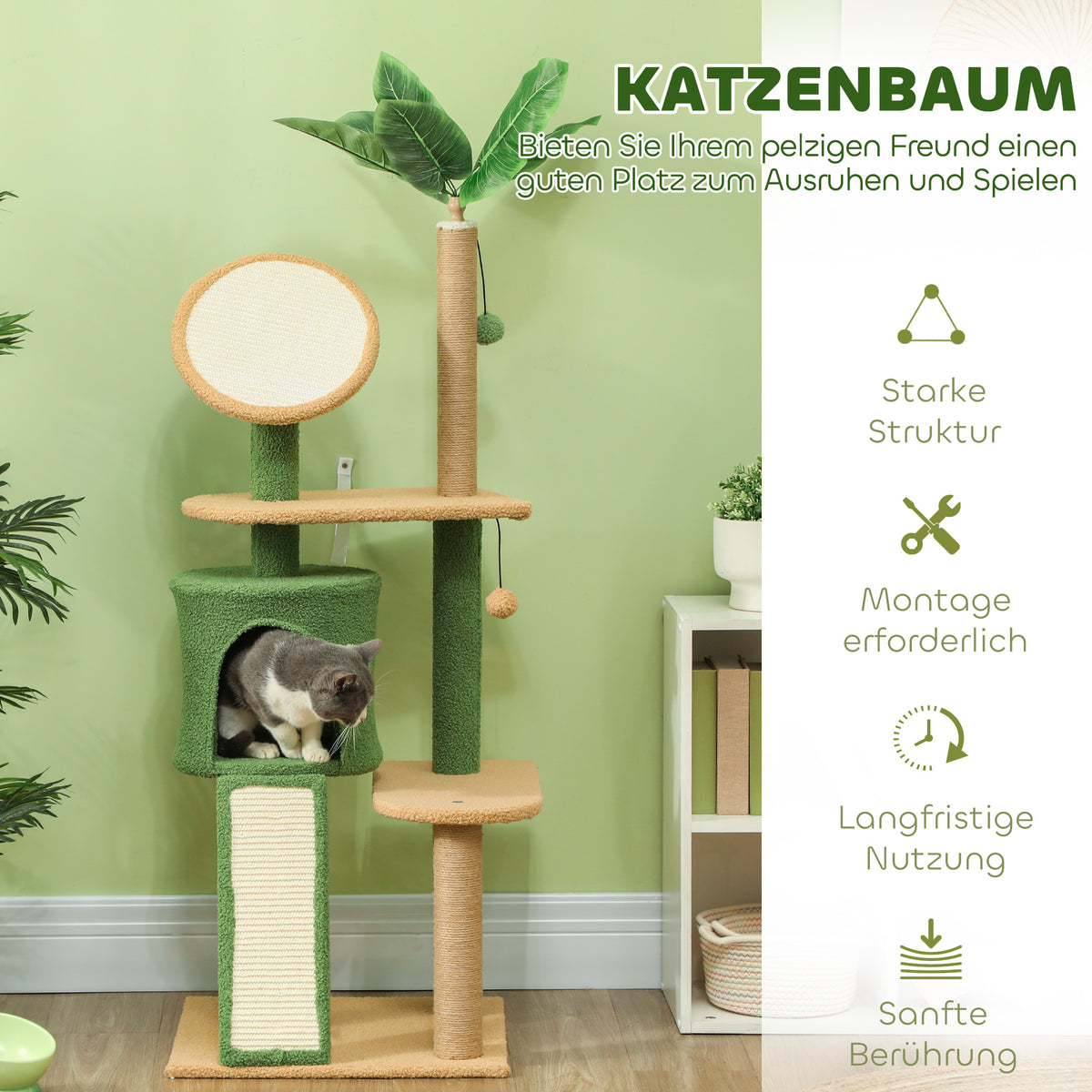 PawHut Kratzbaum, 139 cm Katzenbaum mit Höhle, Spielbällen, Sisal-Kratzpfosten und Plattformen, für zwei Katzen, Grün