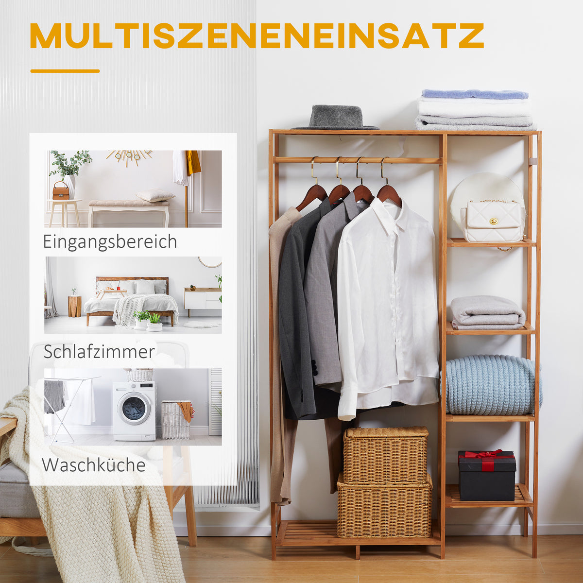 HOMCOM Kleiderständer Garderobenständer mit Kleiderstange, Schuhablag, Regal, Garderobe aus Bambus Naturholz