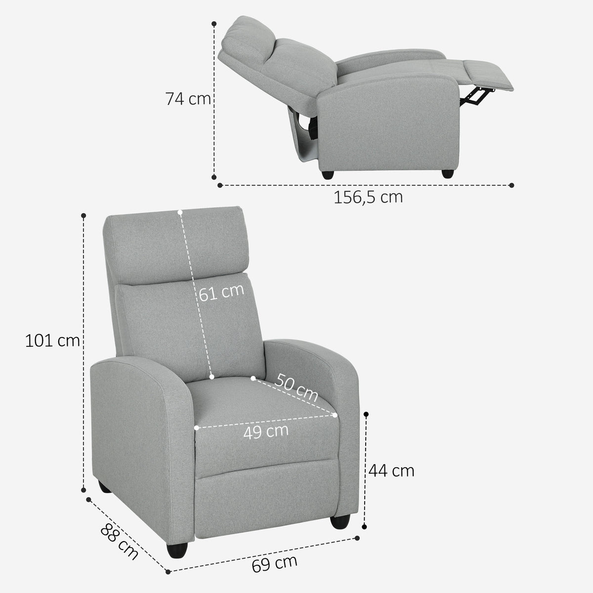 HOMCOM Relaxsessel, verstellbar 135°, ausziehbare Fußstütze, gepolsterte Lehnen, Leinen-Polyester, Hellgrau