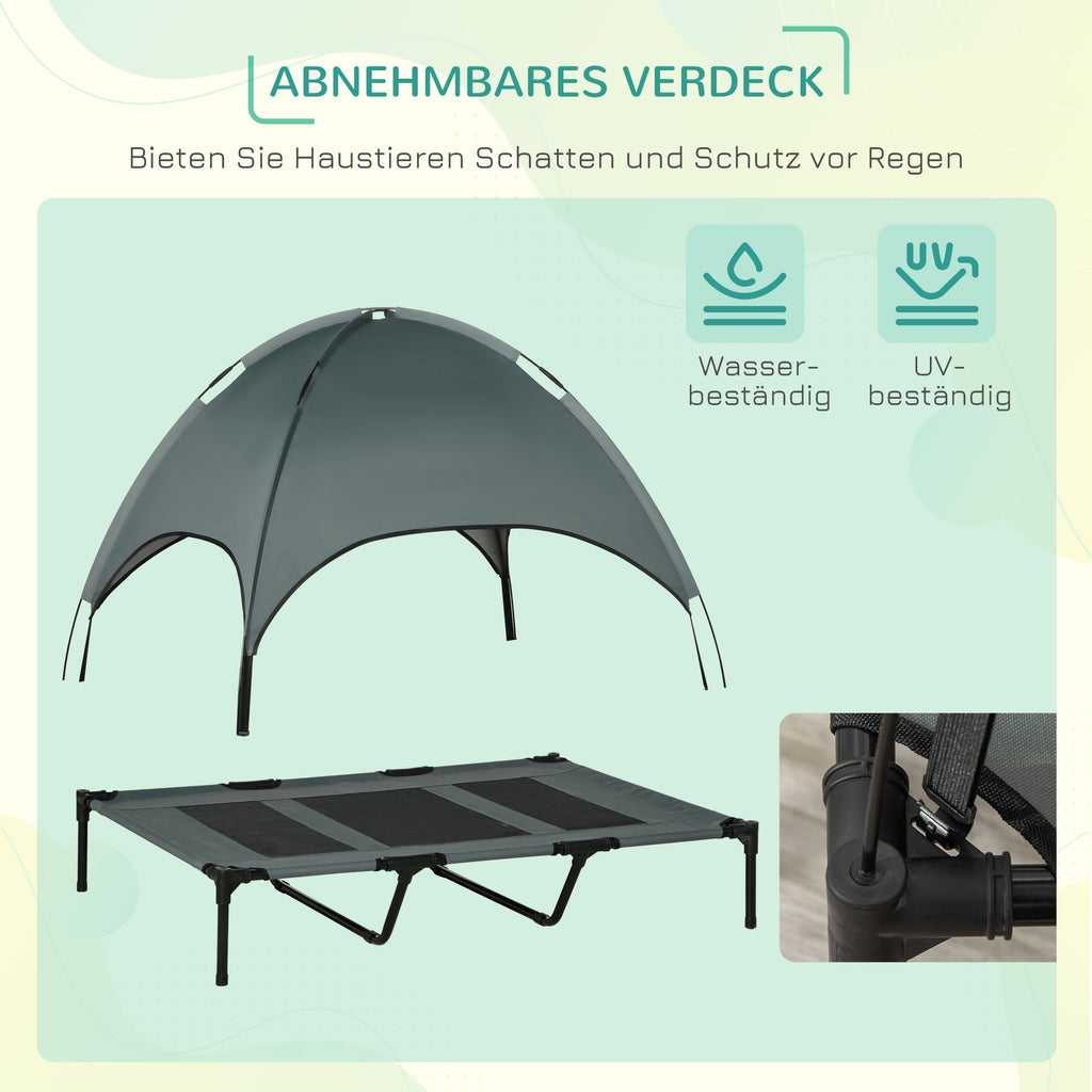 PawHut Erhöhtes Hundebett mit Baldachin, Haustierbett, Hundeliege outdoor mit Dach, Atmungsaktiv, Taftstoff für Camping Grau 122 x 92 x 108 cm