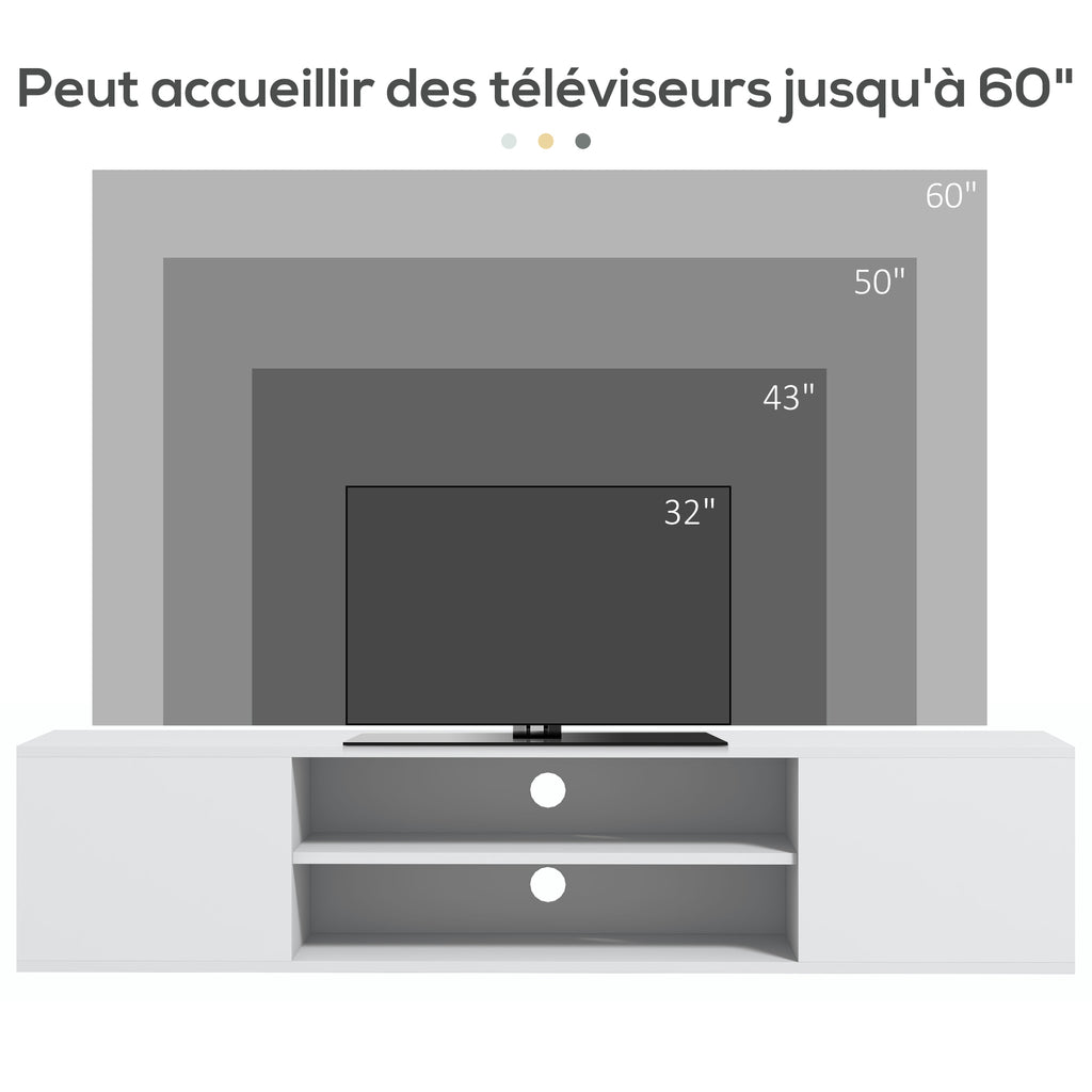 HOMCOM Wandmontiertes TV-Möbel im zeitgenössischen Stil 2 Schränke 2 zentrale Fächer und 2 Kabeldurchführungen 140 x 30 x 30 cm weiß