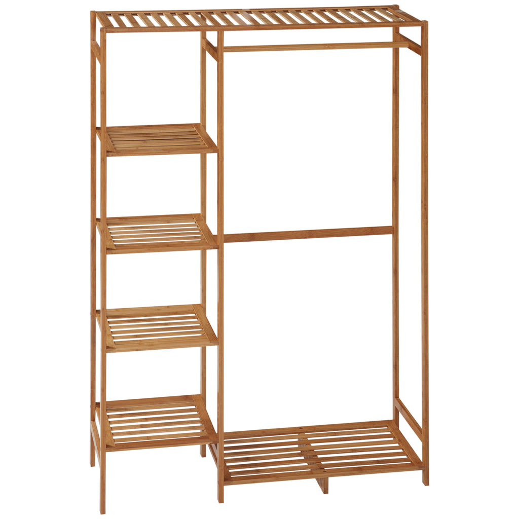 HOMCOM Kleiderständer Garderobenständer mit Kleiderstange, Schuhablag, Regal, Garderobe aus Bambus Naturholz