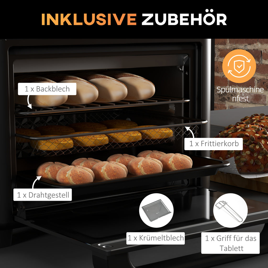HOMCOM Minibackofen, Heißluftfritteuse, 40-220° C, 12 Programme, Zubehör, Schwarz